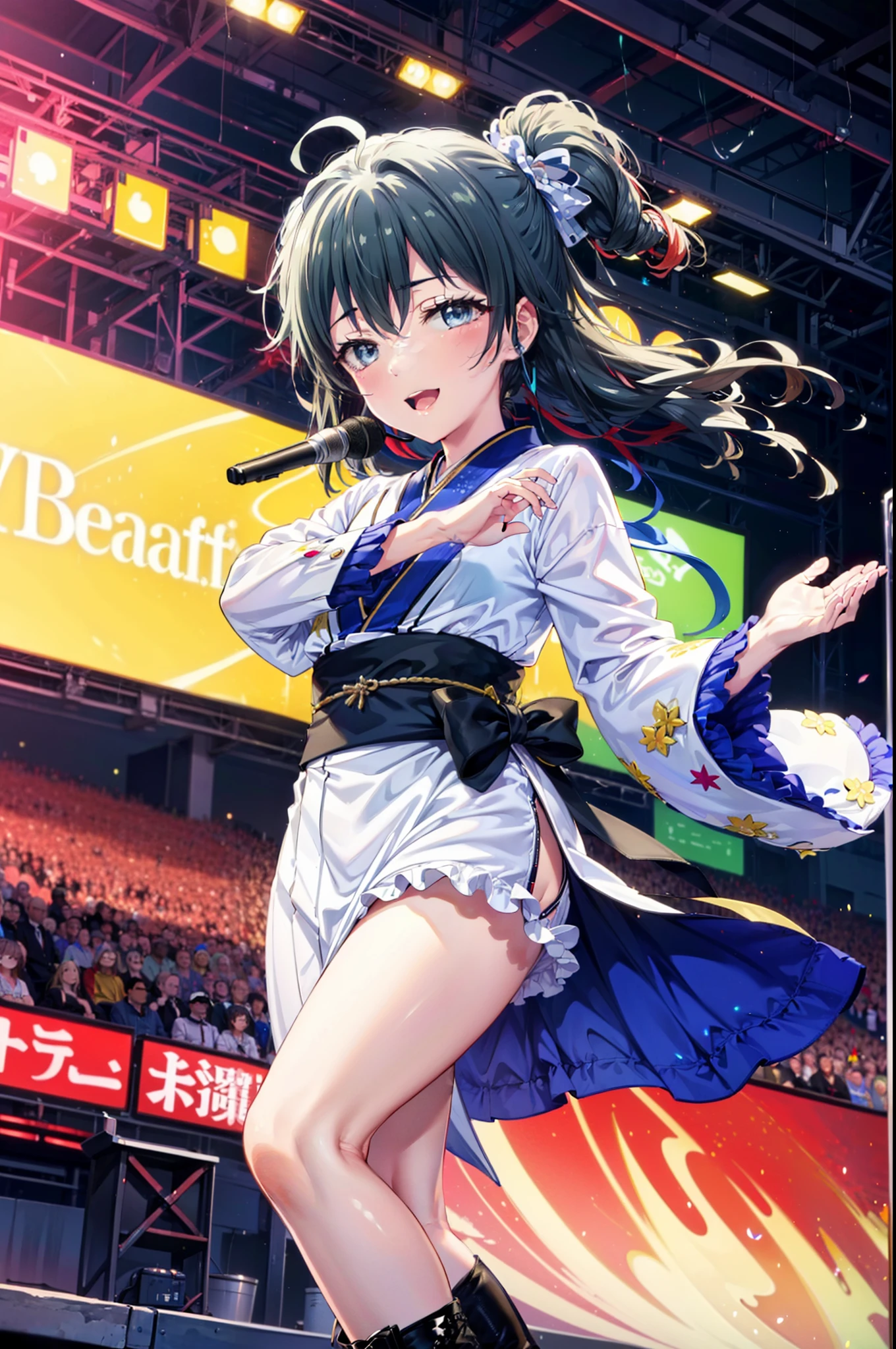 Yukino, yukino yukinoshita, Black Hair, blue eyes, Long Hair, Ahoge,happy smile, smile, Open your mouth,アイドル歌手がライブstageで熱狂的に歌うシーンのイラスト. アイドル歌手がstage中央に立っている. Idol singers wear idol-style kimonos and ,I'm wearing boots. The idol singer has her hair up and is wearing a headset. An idol singer is holding a microphone and singing. The idol singer's expression is serious and powerful. The singer's voice is strong and beautiful. stageの周りにはファンが集まる. Fans are singing and dancing along with the idol singers.whole bodyがイラストに入るように,
break indoors, stage,
break looking at viewer, whole body,
break (masterpiece:1.2), Highest quality, High resolution, unity 8k wallpaper, (figure:0.8), (Beautiful attention to detail:1.6), Highly detailed face, Perfect lighting, Highly detailed CG, (Perfect hands, Perfect Anatomy),