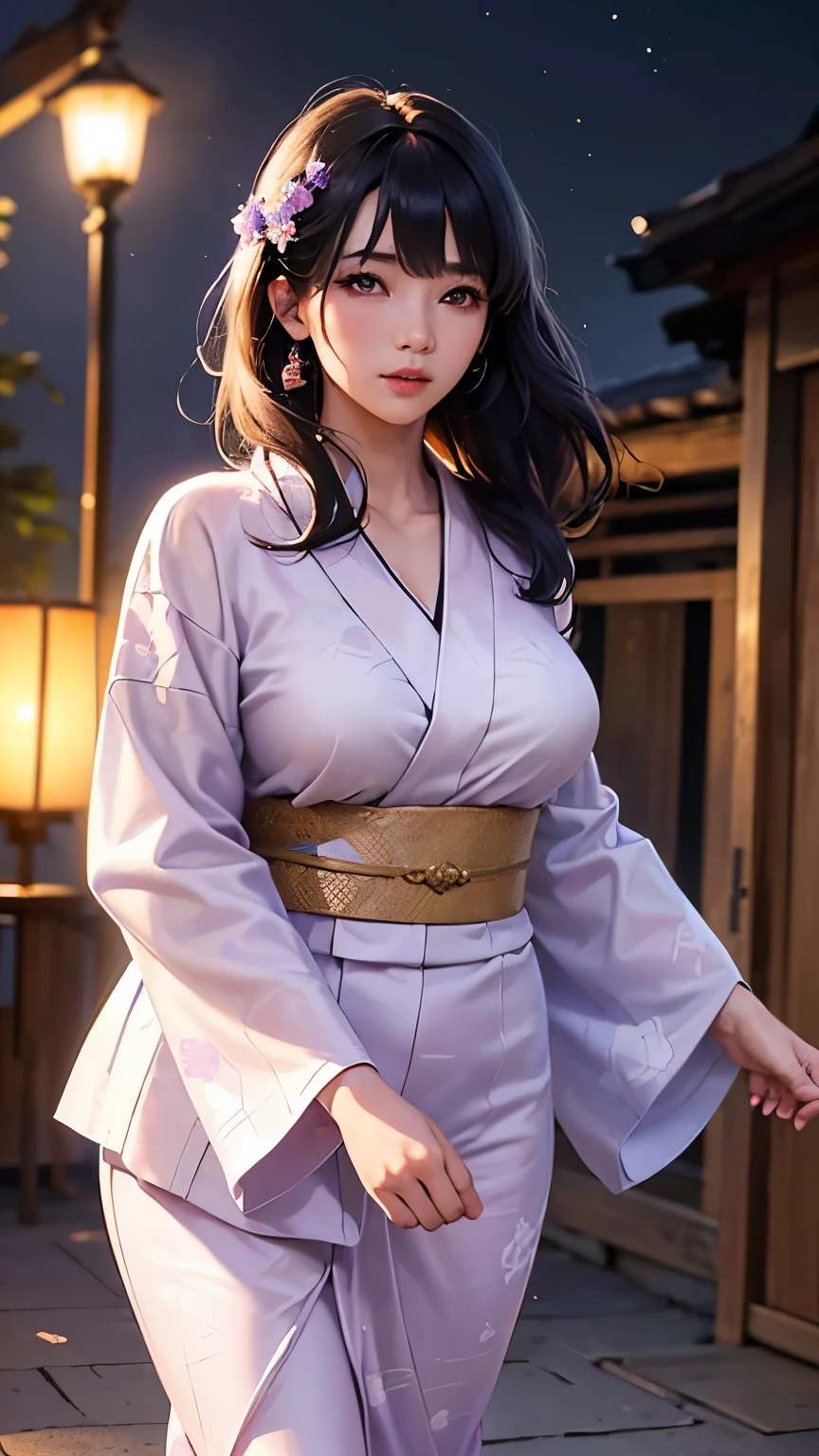 (logo、masterpiece、8K、Tabletop、RAW Photos、wonderful、最high quality、フォトリアリスティックでVery detailedな CG 複合 8K 壁紙、high quality、Very detailed、Narrative poem、Particle Effects、Dynamic Effects、Depth of the Boundary、Cinematic Light、Lens flare、Ray Tracing）、 (One beautiful woman wearing a yukata、White yukata、Light purple pattern)、Black-haired、High definition skin、Very fine、Fine skin texture、Beautiful Face、True Face、Beautiful details in the eyes、Realistic eyes、Beautifully detailed eyes、Realistic Skin、Beautiful Skin、Surreal、Smiling Eyes、Hair and light eyes、vivid、Colorful lights and bokeh、plump lower lip、Pink Lips、Hair flutters in Wind、Hair bounces、wonderful景色、night、evening、Wind、moonlight、moonlight、light