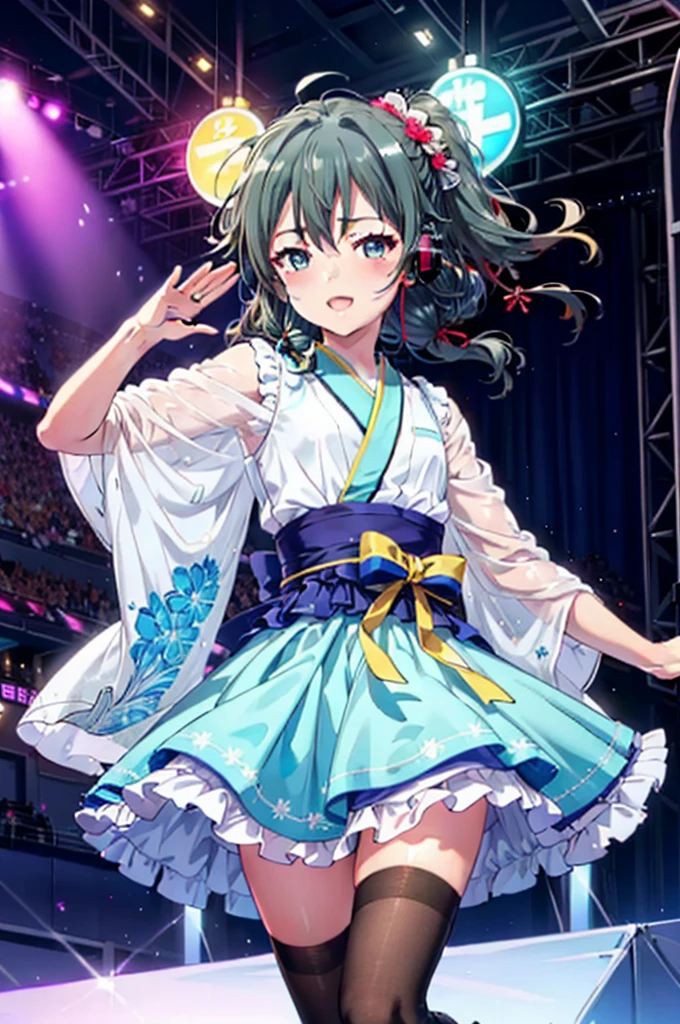 Yukino, yukino yukinoshita, Black Hair, blue eyes, Long Hair, Ahoge,happy smile, smile, Open your mouth,アイドル歌手がライブstageで熱狂的に歌うシーンのイラスト. アイドル歌手がstage中央に立っている. Idol singers wear idol-style kimonos and ,I'm wearing boots. The idol singer has her hair up and is wearing a headset. An idol singer is holding a microphone and singing. The idol singer's expression is serious and powerful. The singer's voice is strong and beautiful. stageの周りにはファンが集まる. Fans are singing and dancing along with the idol singers.whole bodyがイラストに入るように,
break indoors, stage,
break looking at viewer, whole body,
break (masterpiece:1.2), Highest quality, High resolution, unity 8k wallpaper, (figure:0.8), (Beautiful attention to detail:1.6), Highly detailed face, Perfect lighting, Highly detailed CG, (Perfect hands, Perfect Anatomy),