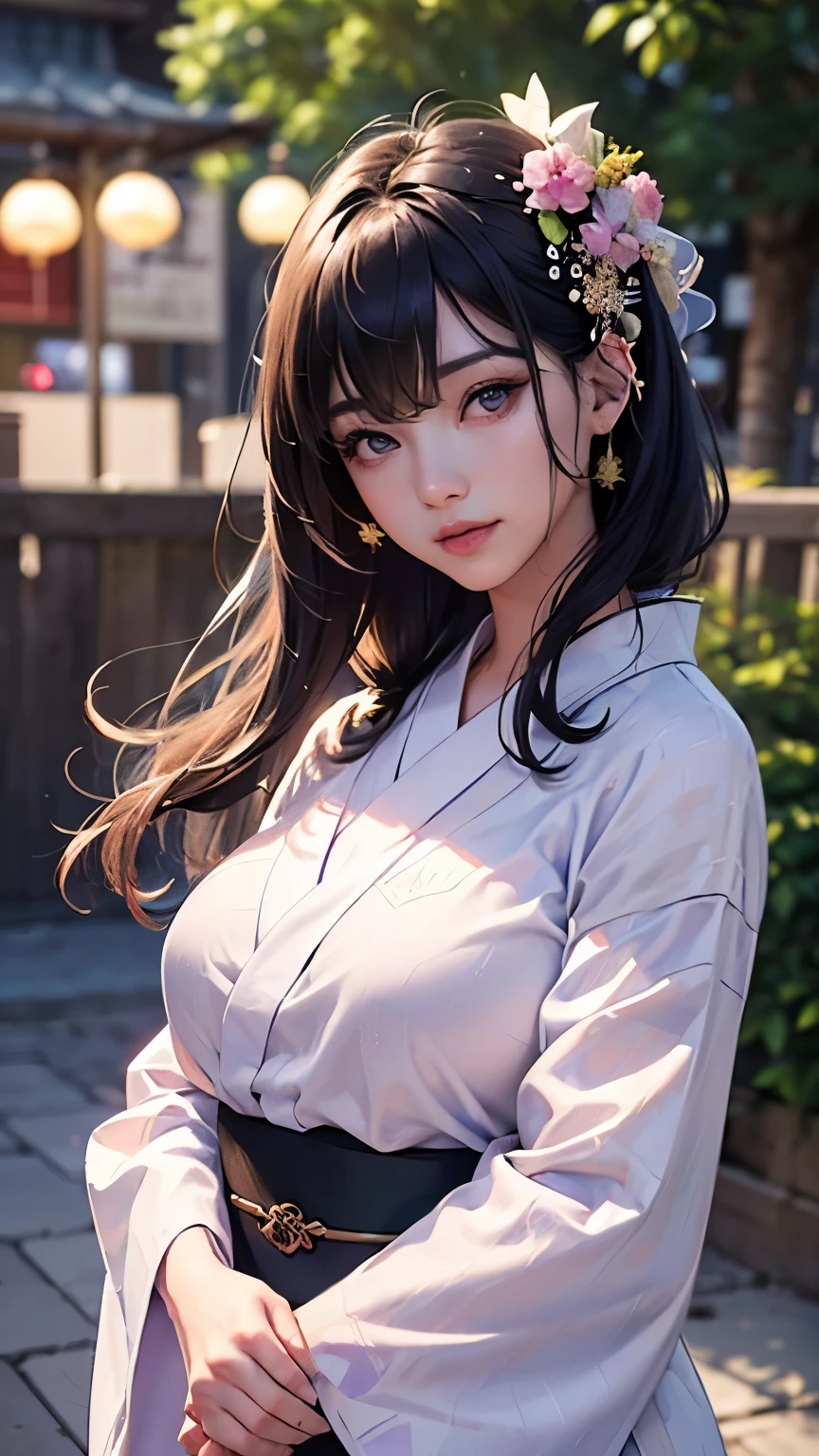 (logo、masterpiece、8K、Tabletop、RAW Photos、wonderful、最high quality、フォトリアリスティックでVery detailedな CG 複合 8K 壁紙、high quality、Very detailed、Narrative poem、Particle Effects、Dynamic Effects、Depth of the Boundary、Cinematic Light、Lens flare、Ray Tracing）、 (One beautiful woman wearing a yukata、White yukata、Light purple pattern)、Black-haired、High definition skin、Very fine、Fine skin texture、Beautiful Face、True Face、Beautiful details in the eyes、Realistic eyes、Beautifully detailed eyes、Realistic Skin、Beautiful Skin、Surreal、Smiling Eyes、Hair and light eyes、vivid、Colorful lights and bokeh、plump lower lip、Pink Lips、Hair flutters in Wind、Hair bounces、wonderful景色、night、evening、Wind、moonlight、moonlight、light