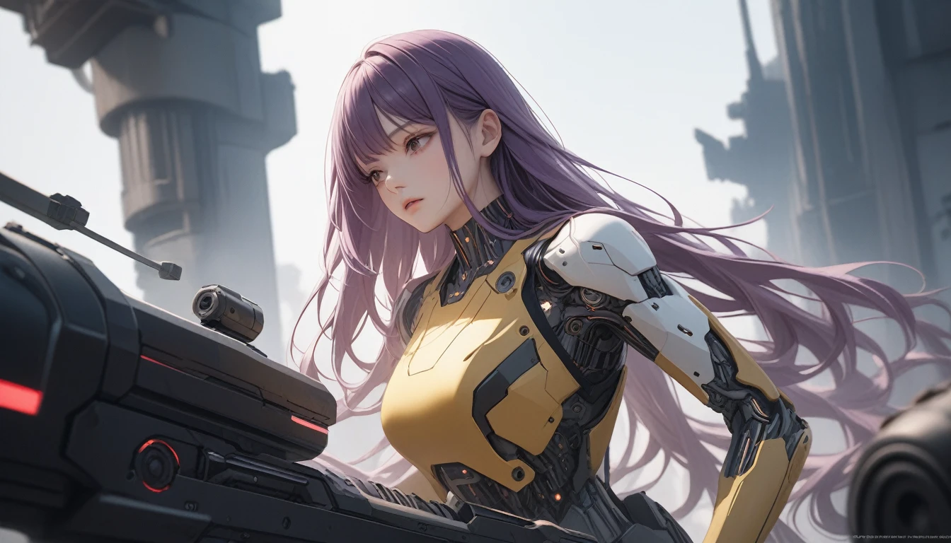 Highest quality, detailed, 4K, RAW Photos, masterpiece, (gunner), Mysterious Girl, (Long Hair, White-purple gradation), cyborg, break, Yellow body, Red accents, Indifference, Indifference, kind, equip sophisticated weapons