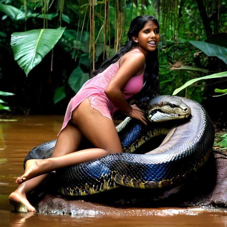  Topless Top quality, masterpiece, super high resolution, real photo, raw photo, cute, beautiful young indian  girl, happy expression, joy, glossy skin, dramatic lighting, full body, full body wet, dirty pink tank top, sheer with thin fabric, pink shirt dirty with mud, beautiful breasts, beautiful ass, butt sticking out, creepy, in the dark jungle, waterside, black large titanboa , slim, long limbs, slimy, slim Sleeping on large titanboa a large giant black titanboa wrapped around her neck, a large titanboa wrapped around her body, a titanboa’s head from between her crotches, a titanboa  and a titan’s intertwining their tongues and kissing, a girl hugging giant titanbo a girl and a large titanboa staring at each other Many large anacondas horny aroused  tentacle sex large object penetration nsfw snake tongue kissing blowjob bestiality