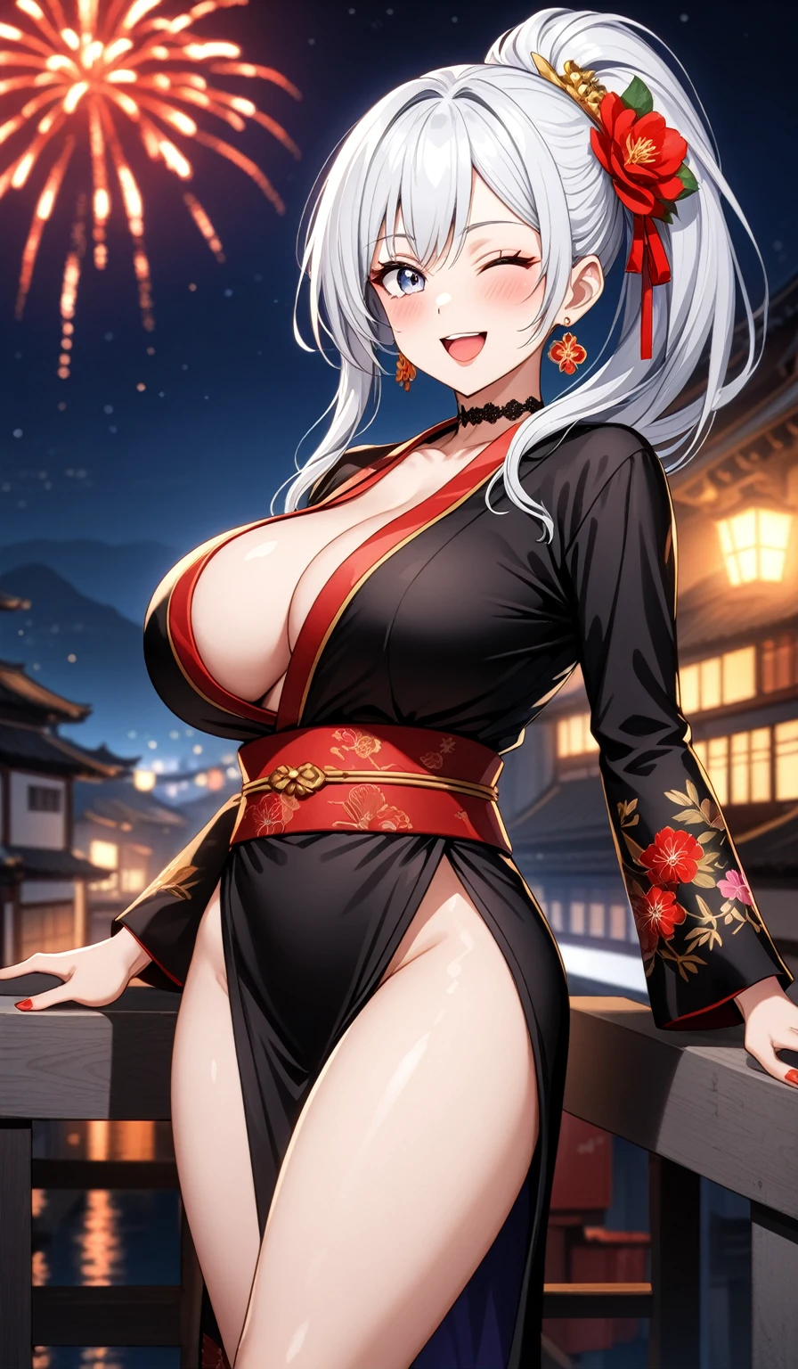 (One personの女性)), Beautiful Face, Laughing embarrassedly, ((Wink:1.8)), Laugh with your mouth wide open,((Bright red cheeks:1.4)), Hold on to the handrail, night,night景,port, firework,Glossy red lips,Facial lighting,((Anime style background)),masterpiece, Highest quality, so beautiful,up to date, Complex details, (Pink long nails), (ring),(bracelet),(Floral choker),AI-generated, Complex,High resolution, Highest quality, super high quality,3D Images、3D Images,One person,Long white hair,High Ponytail,(blue eyes),  ((Fine grain、Silvery white colorful eyes、Shining Eyes:1.3)), (Squint your eyes:1.1), 写真のポーズをとるAnime Women, a hyperRealistic , hyperRealistic , Realistic,Anime Women, Smooth anime CG art, A woman in a colorful kimono with gold embroidery, (Black long sleeve kimono),  Red floral pattern,Long flower hair ornament,Floral Earrings,Mature Body,(Big Breasts:1.1),Tall,Abdominal muscles,Narrow waist,(Zoom in on face:1.6),(front view),