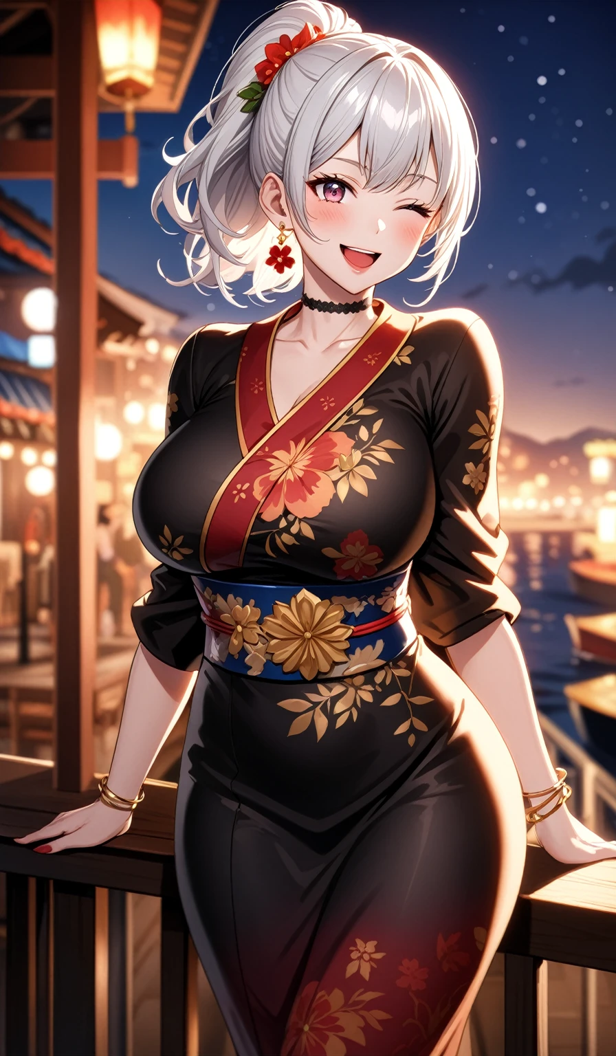 (One personの女性)), Beautiful Face, Laughing embarrassedly, ((Wink:1.8)), Laugh with your mouth wide open,((Bright red cheeks:1.4)), Hold on to the handrail, night,night景,port, firework,Glossy red lips,Facial lighting,((Anime style background)),masterpiece, Highest quality, so beautiful,up to date, Complex details, (Pink long nails), (ring),(bracelet),(Floral choker),AI-generated, Complex,High resolution, Highest quality, super high quality,3D Images、3D Images,One person,Long white hair,High Ponytail,(blue eyes),  ((Fine grain、Silvery white colorful eyes、Shining Eyes:1.3)), (Squint your eyes:1.1), 写真のポーズをとるAnime Women, a hyperRealistic , hyperRealistic , Realistic,Anime Women, Smooth anime CG art, A woman in a colorful kimono with gold embroidery, (Black long sleeve kimono),  Red floral pattern,Long flower hair ornament,Floral Earrings,Mature Body,(Big Breasts:1.1),Tall,Abdominal muscles,Narrow waist,(Zoom in on face:1.6),(front view),