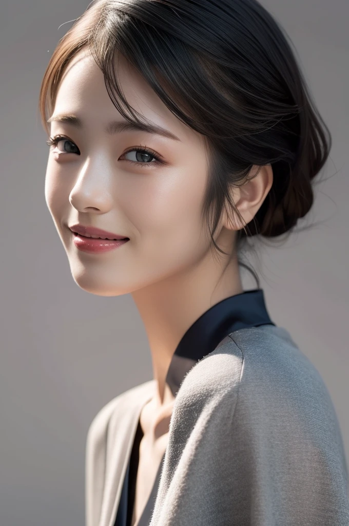 (realistic), (hyperrealism),best quality, masterpiece,ultra high res, (photorealistic:1.4),1girl, simple gray background, formal dress,
upper body,(grin:0.7)