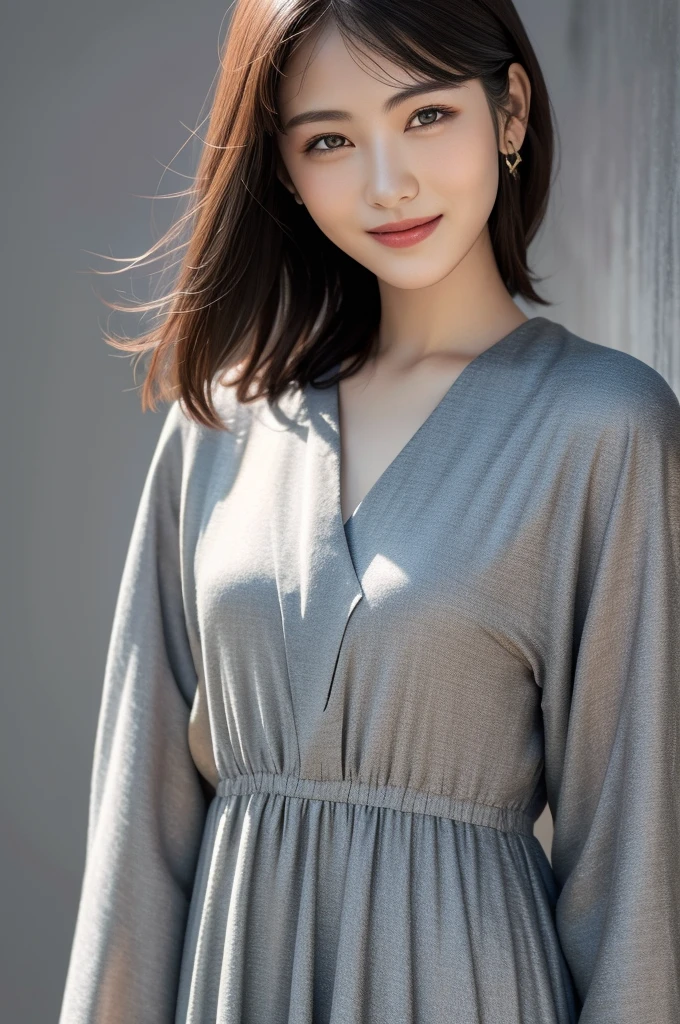 (realistic), (hyperrealism),best quality, masterpiece,ultra high res, (photorealistic:1.4),1girl, simple gray background, formal dress,
upper body,(grin:0.7)