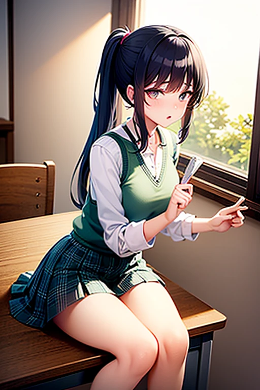 You can create an animated image of a 17 year old girl. She is sitting with several other students at a desk near the window of a classroom on the first floor of a white school with a wooden floor in a Japanese city. On a cloudy day, the schoolyard is reflected in the snow-covered trees surrounding it (horizontal shot). The height is 162 cm, B40, W30, H80. She has medium length sapphire violet hair tied in a low ponytail, her eyes are sapphire brown, she has a respectful expression when she says something while she reads a blue cover book. She is wearing a white long-sleeved shirt, a cream-colored v-neck sleeveless vest sweater, a green plaid pleated skirt, white leggings and brown shoes.