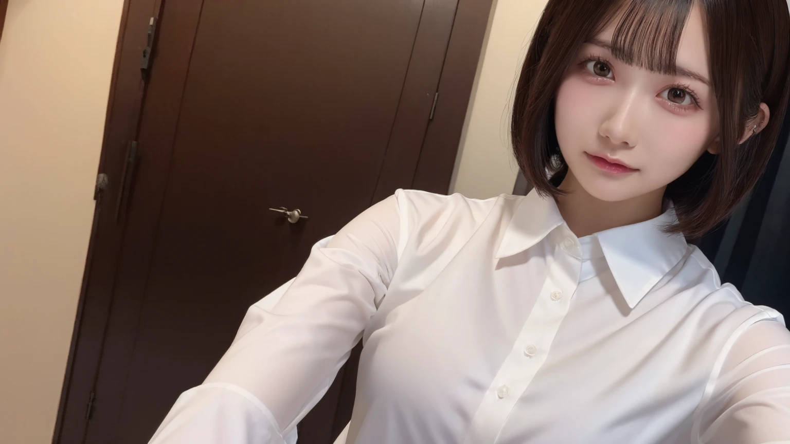18-year-old、Ultra HD、Ultra-high resolution、Realistic、Sweaty skin、Bob Hair Bob Hair、Nipples、Large Breasts、Selfie、White shirt、solo、Buttoned shirt