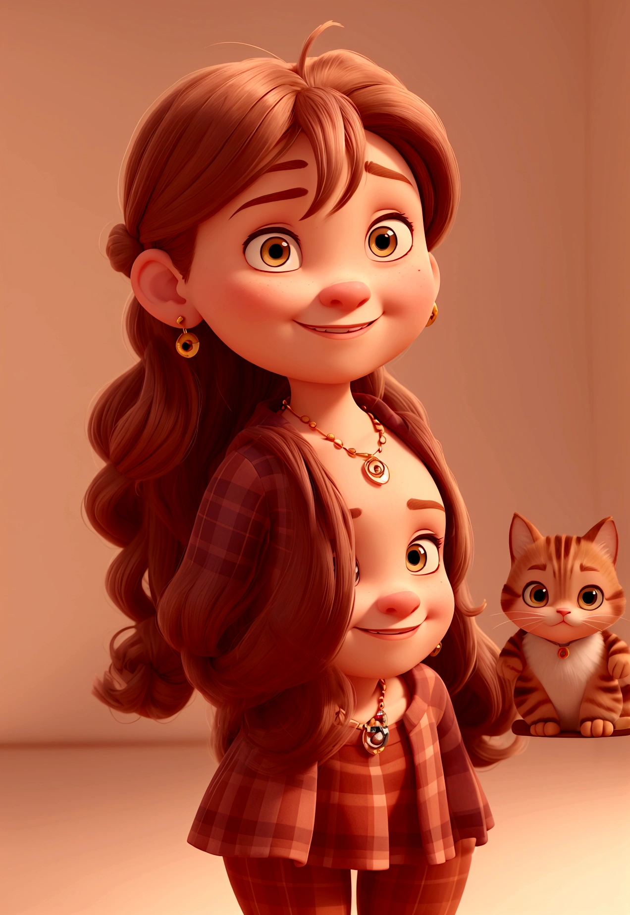 create a 3d avatar of a woman in a Pixar-style animation: Skin: Fair. Height: . thick Body: big , thick thighs, Slim waist Hair: Light brown, straight, very long, with bangs. Eyes: Large, light brown, with eyeliner. Lips: Small, with red lipstick. Nose: Small, narrow, and fine. Cheeks: Medium, rosy. Chin: Small and round. Outfit: rosy shirt, black jacket, red Plaid skirt, dark pantyhose Accessories: Earrings and cat-sharped necklace. she have a Shy and cute smile (long hair)