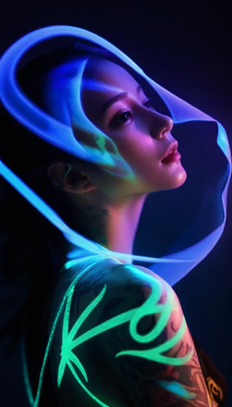 Double Exposure Style,Volumetric Lighting,a girl (Supermodel) with Wrap top,arching her back, beautiful tattoo (neon light), Traditional Attire,Artistic Calligraphy and Ink,light depth,dramatic atmospheric lighting,Volumetric Lighting,double image ghost effect,image combination,double exposure style,