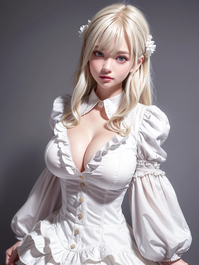 (((amount、White blonde Hair、Northern Europe、White people、beautiful girl、blonde、White Background、Blouse with collar and sleeves、Frills、Race)))、Tabletop, Highest quality, shape, Very detailed, finely, High resolution, 8k wallpaper, Perfect dynamic composition, finelyて美しい目, Deco Out,blonde, Medium Hair, Super big breasts, Natural color lip,White Background, Random cute poses,Frillsドレス