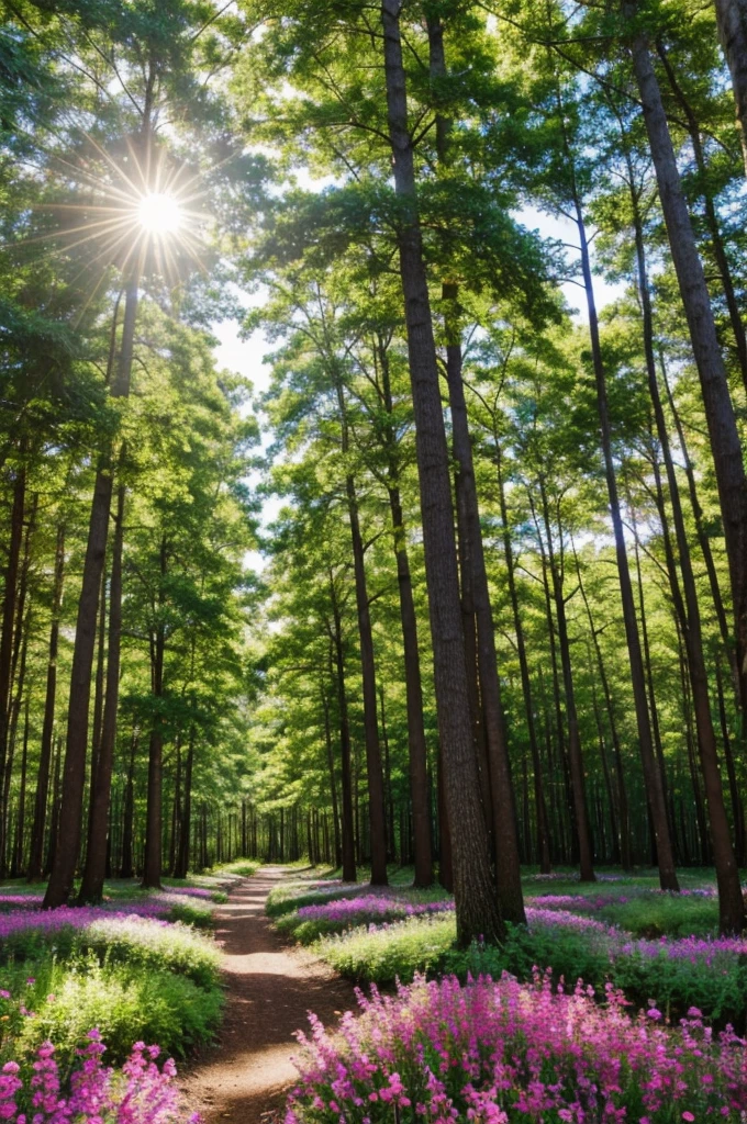 Forest with bright flowers and huge trees 