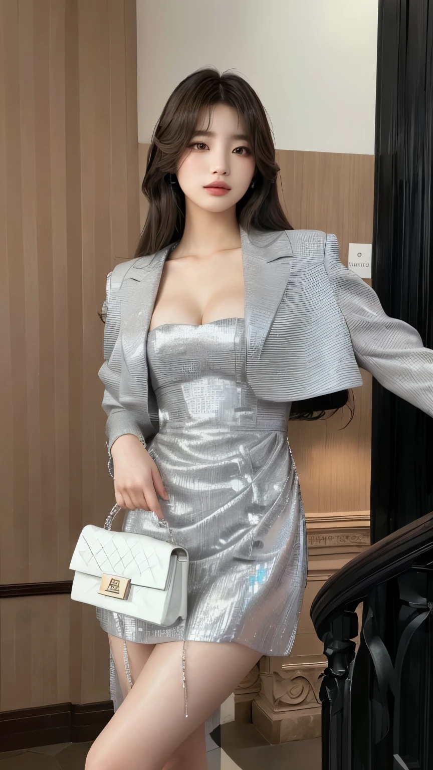 araffe woman in a gray vestido and white purse posing for a picture, alta costura con clase, wearing fashion traje, camisa corta con chaqueta, vestido, vistiendo un traje elegante, Ropa elegante, elegant traje, bae suzy, well - vestidoed, traje, high quality traje, Estilo Tiffany, luxurious traje, gris traje, modelo de moda femenina coreana, gris, luxury vestido