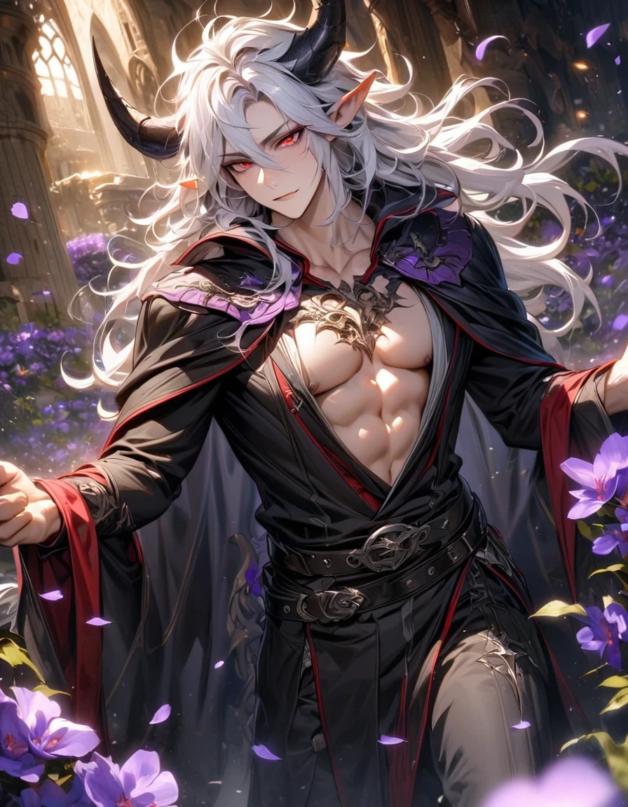 absurdres, highres, ultra detailed, HDR, master piece, best quality, Krozerus, white hair, spiked and messy hair, long hair, hair between the eyes, expressive red eyes, Dream and Legacy, solo, sexy man, handsome, demon, slightly pointy ears, black horns, black cape, bare chest, belt around his chest, silver jewelry, silver accessories, fantasy, shining, purple flowers, blossoms, magical, purple petals