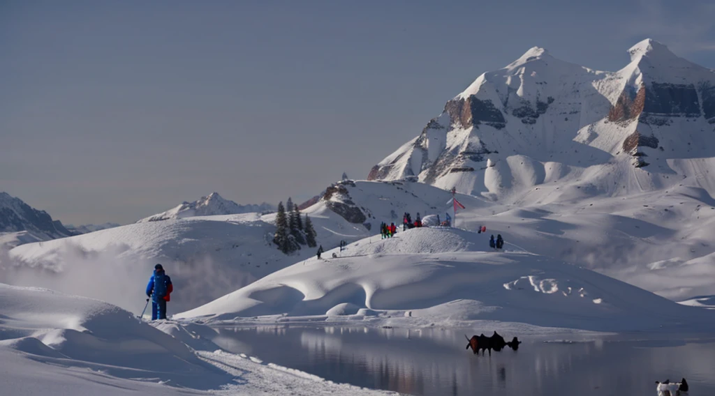 castle, snowland, 2 landers people, winter ,