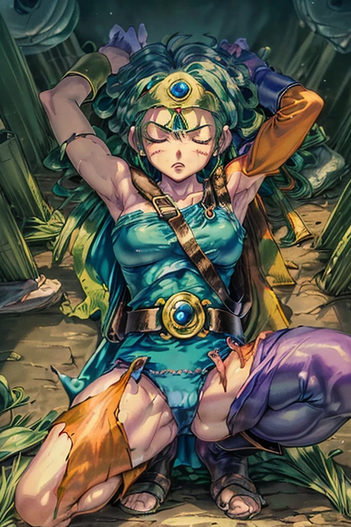 (((Dragon Quest 3 Costume)))、(((sage)))、(((Almost dead)))、(((hang)))、(((suffering)))、(((Your clothes are torn)))、((Make the most of your original images))、((It is violently destroyed))、(((cadaver)))、(((Hanging)))、(((Weaknesses)))、((Bloodstained))、((Stockings are torn))、((Best image quality、8K))、Ultra-high resolution、(((On one knee)))、(((be attacked by fire)))