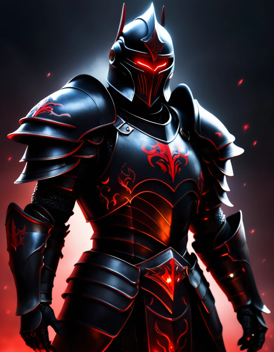 A dark warrior wearing light full armor that covers the entire body, red eyes glowing in the helmet, The knight's armor has a dragon's eye carved into the breastplate, (jet black armor), armored armor, sharp edged armor, golden edges, battle stance, in a forest in the background, anime screencap, full body shot, Masterpiece, The best quality, Very detailed,