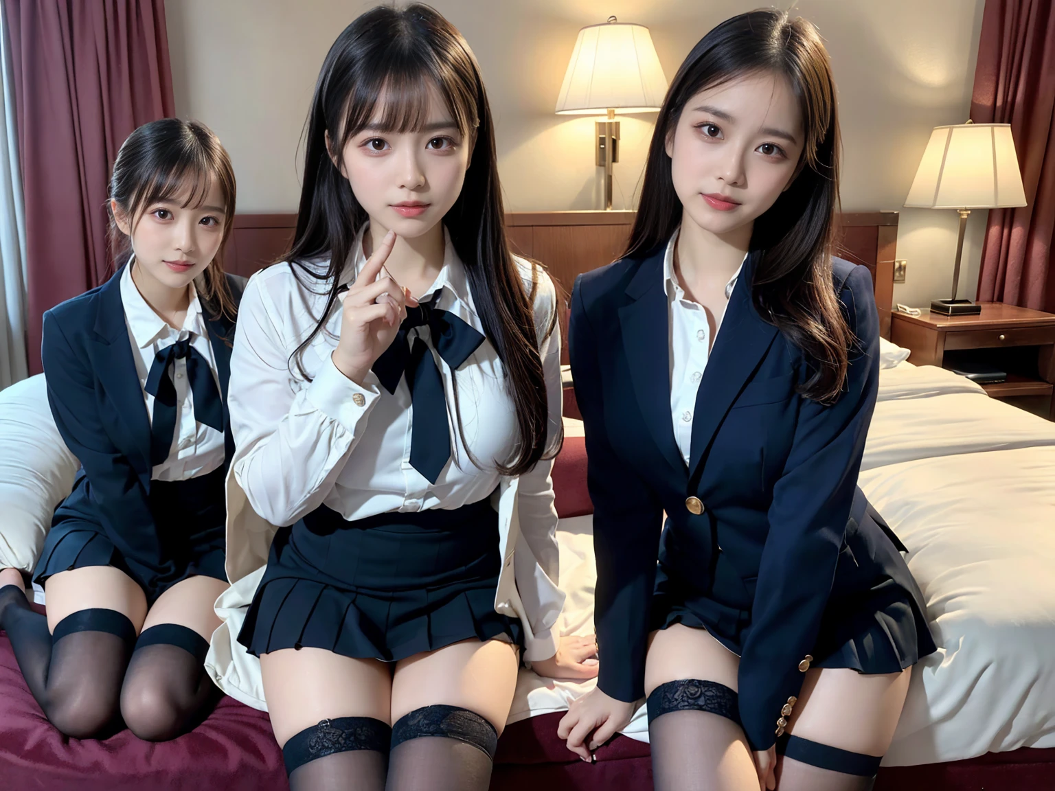 masterpiece, best quality, illustration, Super detailed, fine details, High resolution, 8K,wall paper, perfect dynamic composition,(Details High quality, realistic depiction of eyes:1.3), (3 girls), japanese,3 schoolgirls,The background is a luxury hotel room、High school girl uniform、blazer 、Super Short Check Uniform Skirt、Navy blue high socks、Colossal tits、Disturbed uniform, short bob hair, black hair color, huge breasts, very huge round breasts, Beautiful makeup, glitter makeup, Big Natural Color Lip, perfect body shape, crying a little、20 year old girl、 beautiful legs, hposing Gravure Idol, Voluptuous thighs, ((Realistic lighting,during daytime,The background is a luxury hotel room,A detailed face,finerly detailed face,Beautiful face,an ecstatic look on one's face,Perfect fingers,Accurate 5 fingers,high-definition RAW color photography, professional photograpy, extremely delicate and beautiful, Extremely detailed,finely detail, Huge file size,Top image quality,8K))