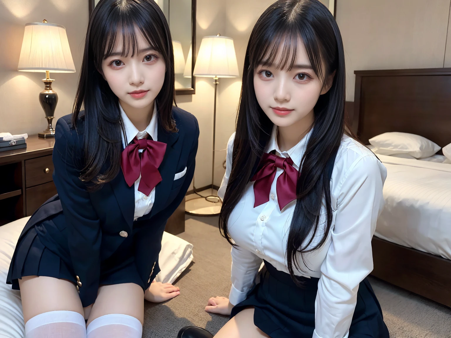 masterpiece, best quality, illustration, Super detailed, fine details, High resolution, 8K,wall paper, perfect dynamic composition,(Details High quality, realistic depiction of eyes:1.3), (3 girls), japanese,3 schoolgirls,The background is a luxury hotel room、High school girl uniform、blazer 、Super Short Check Uniform Skirt、Navy blue high socks、Colossal tits、Disturbed uniform,  short bob hair, black hair color, huge breasts, very huge round breasts, Beautiful makeup, glitter makeup, Big Natural Color Lip, perfect body shape, crying a little、20 year old girl、 beautiful legs, hposing Gravure Idol, Voluptuous thighs, ((Realistic lighting,during daytime,The background is a luxury hotel room,A detailed face,finerly detailed face,Beautiful face,an ecstatic look on one's face,Perfect fingers,Accurate 5 fingers,high-definition RAW color photography, professional photograpy, extremely delicate and beautiful, Extremely detailed,finely detail, Huge file size,Top image quality,8K))