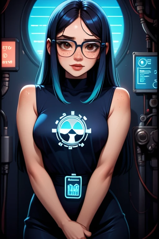 tall asian-caucasian woman; 31 years old; long black hair with blue highlights; almond-shaped brown eyes; pale Caucasian skin with freckled cheeks; slender build; perky breasts; form-fitting casual dress; wearing thick black-rimmed square glasses; working with hologram advertising; futuristic; dystopian; cyberpunk; Disney-style, CGI; best quality; high definition; trending on artstation; complex volumetric lighting;