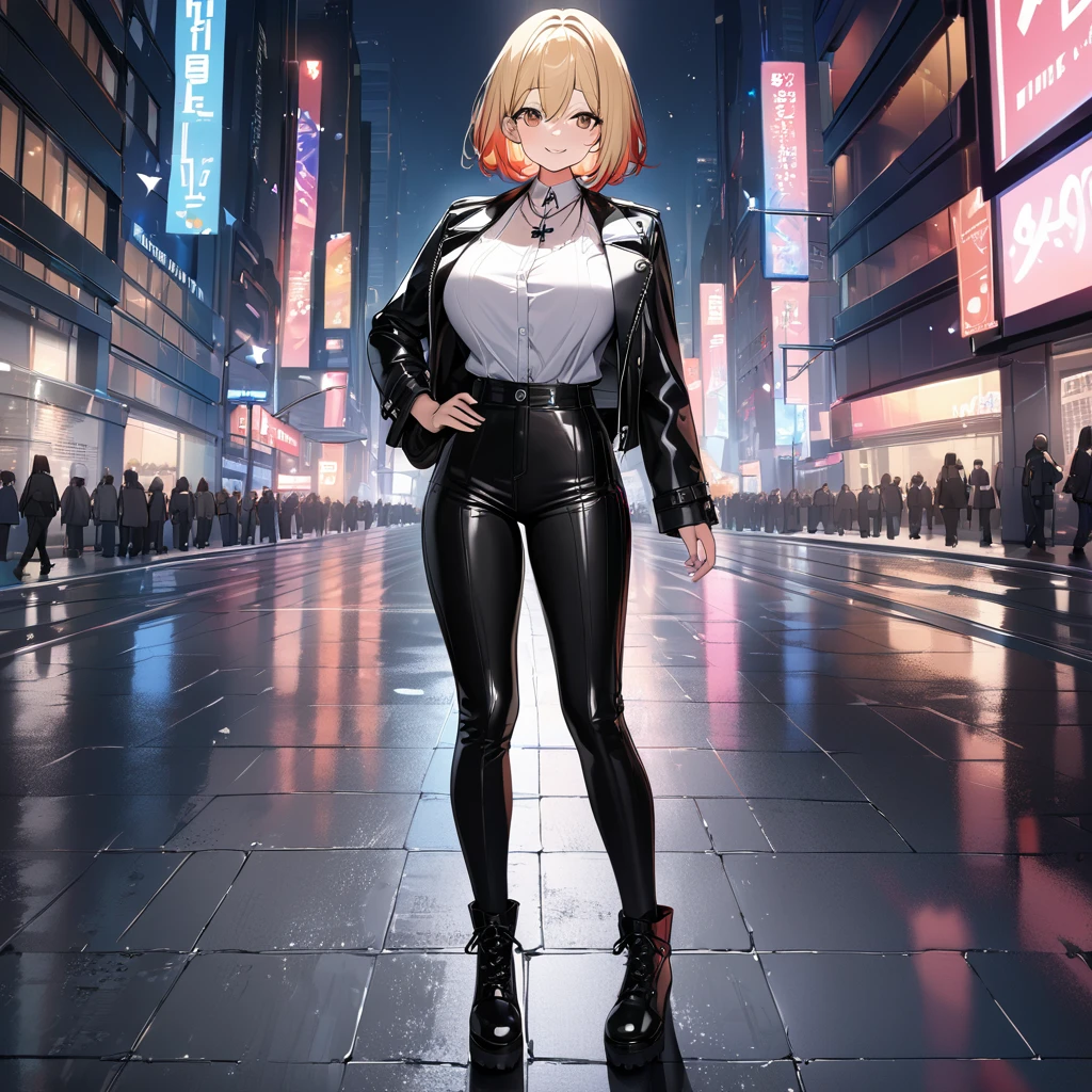 A woman wearing an open black leather jacket, white shirt with iron cross symbol, iron cross necklace around her neck, short hair, blonde hair, red bangs, multicolored hair, brown eyes, smiling, big breasts, black pants, black boots in leather, standing posture, walking on a sidewalk in a big city, background modern building, night place, lighting with colors, orange, blue and red, blurred background..UHD , prime work , accurate , anatomically correct , textured skin , super details , high quality , best quality, 8k, high resolution, bokeh effect. (woman solo)
