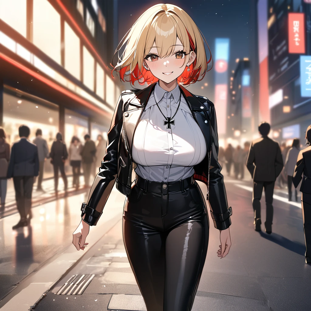 A woman wearing an open black leather jacket, white shirt with iron cross symbol, iron cross necklace around her neck, short hair, blonde hair, red bangs, multicolored hair, brown eyes, smiling, big breasts, black pants, black boots in leather, standing posture, walking on a sidewalk in a big city, background modern building, night place, lighting with colors, orange, blue and red, blurred background..UHD , prime work , accurate , anatomically correct , textured skin , super details , high quality , best quality, 8k, high resolution, bokeh effect. (woman solo)