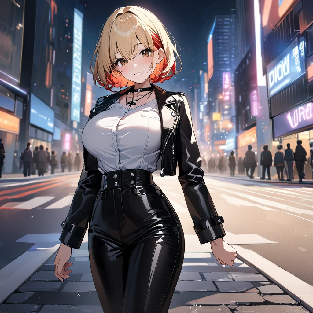 A woman wearing an open black leather jacket, white shirt with iron cross symbol, iron cross necklace around her neck, short hair, blonde hair, red bangs, multicolored hair, brown eyes, smiling, big breasts, black pants, black boots in leather, standing posture, walking on a sidewalk in a big city, background modern building, night place, lighting with colors, orange, blue and red, blurred background..UHD , prime work , accurate , anatomically correct , textured skin , super details , high quality , best quality, 8k, high resolution, bokeh effect. (woman solo)
