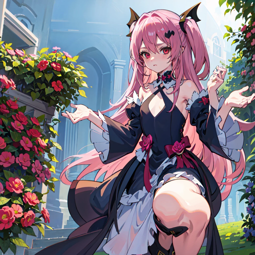 best quality, masterpiece, highres, extremely detailed 8K wallpaper, original, detailed fingers, detailed hands, detailed eyes,
garden, multicolored flowers around, 1girl, blush, pout, looking at viewer, standing, dynamic pose,
krul tepes, red eyes, flat chest, long hair, pink hair, two side up, hair ornament, boots, black dress, bare shoulders, wide sleeves, ribbon,
