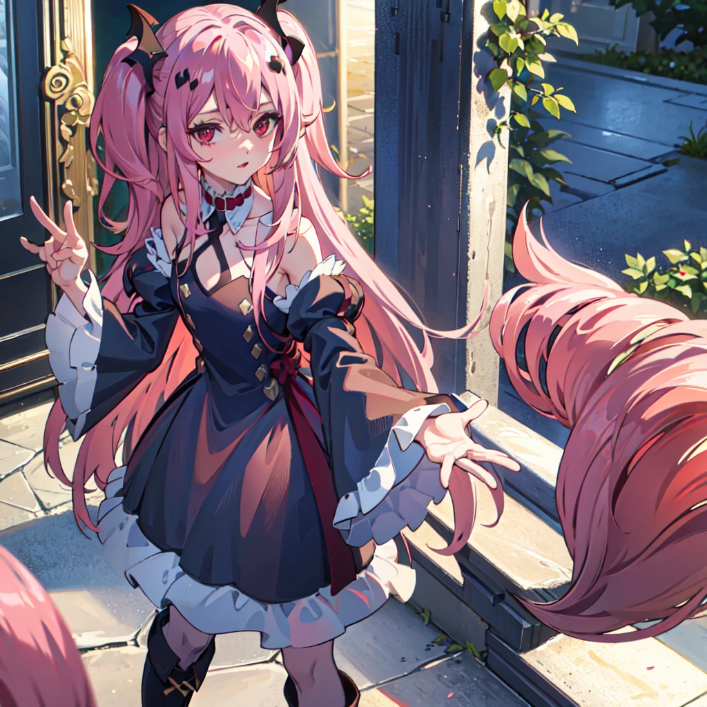 best quality, masterpiece, highres, extremely detailed 8K wallpaper, original, detailed fingers, detailed hands, detailed eyes,
garden, multicolored flowers around, 1girl, blush, pout, looking at viewer, standing, dynamic pose,
krul tepes, red eyes, flat chest, long hair, pink hair, two side up, hair ornament, boots, black dress, bare shoulders, wide sleeves, ribbon,
