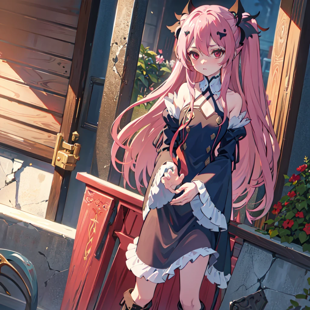 best quality, masterpiece, highres, extremely detailed 8K wallpaper, original, detailed fingers, detailed hands, detailed eyes,
garden, multicolored flowers around, 1girl, blush, pout, looking at viewer, standing, dynamic pose,
krul tepes, red eyes, flat chest, long hair, pink hair, two side up, hair ornament, boots, black dress, bare shoulders, wide sleeves, ribbon,
