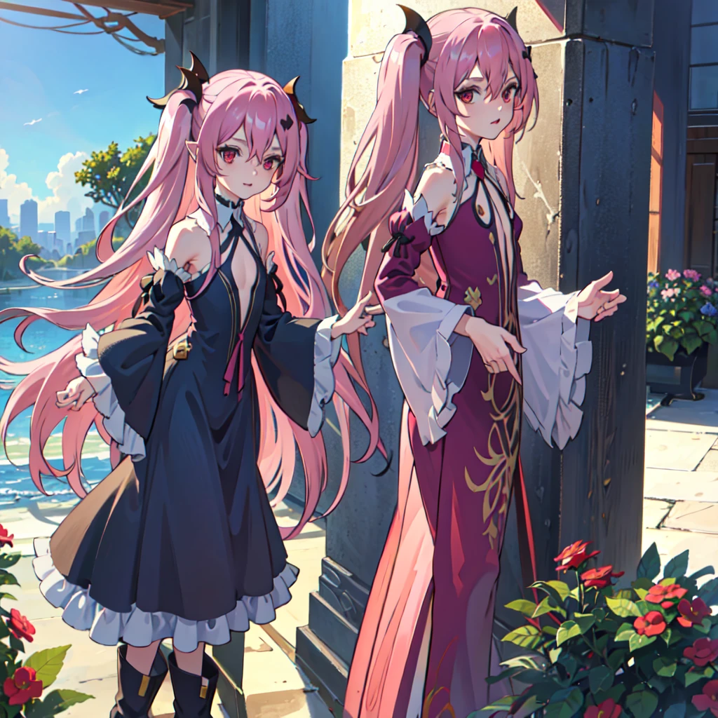 best quality, masterpiece, highres, extremely detailed 8K wallpaper, original, detailed fingers, detailed hands, detailed eyes,
garden, multicolored flowers around, 1girl, blush, pout, looking at viewer, standing, dynamic pose,
krul tepes, red eyes, flat chest, long hair, pink hair, two side up, hair ornament, boots, black dress, bare shoulders, wide sleeves, ribbon,
