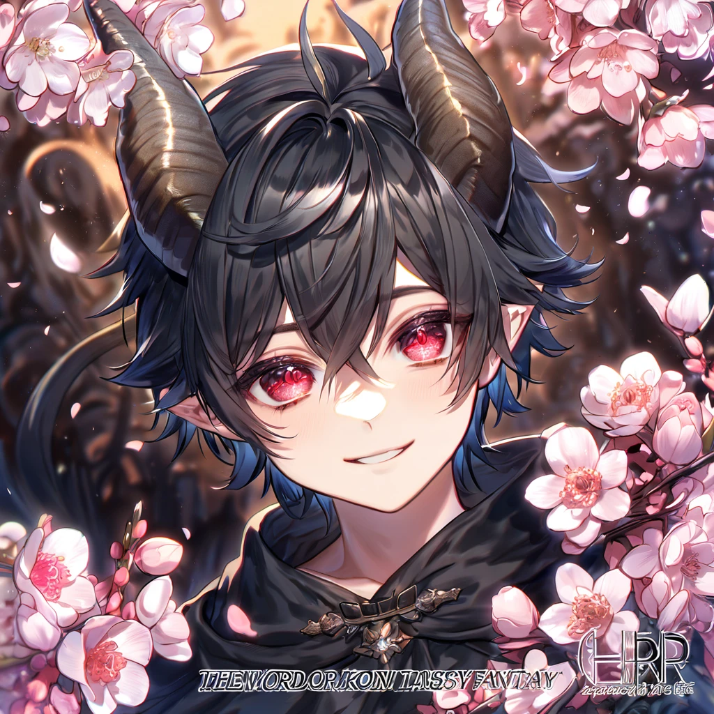 Ultra detailed, highres, absurdres, HDR, master piece, Krozseria, messy black hair, expressive red eyes, Demon Fantasy, pink petals, pink flowers, black cape, sexy man, solo, best quality, blossoms, blue shining fireflies, handsome smile, black horns, the word "Krozseria" is written on his shirt, fantasy, black horns, black gloves