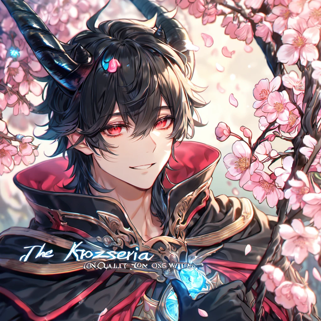 Ultra detailed, highres, absurdres, HDR, master piece, Krozseria, messy black hair, expressive red eyes, Demon Fantasy, pink petals, pink flowers, black cape, sexy man, solo, best quality, blossoms, blue shining fireflies, handsome smile, black horns, the word "Krozseria" is written on his shirt, fantasy, black horns, black gloves