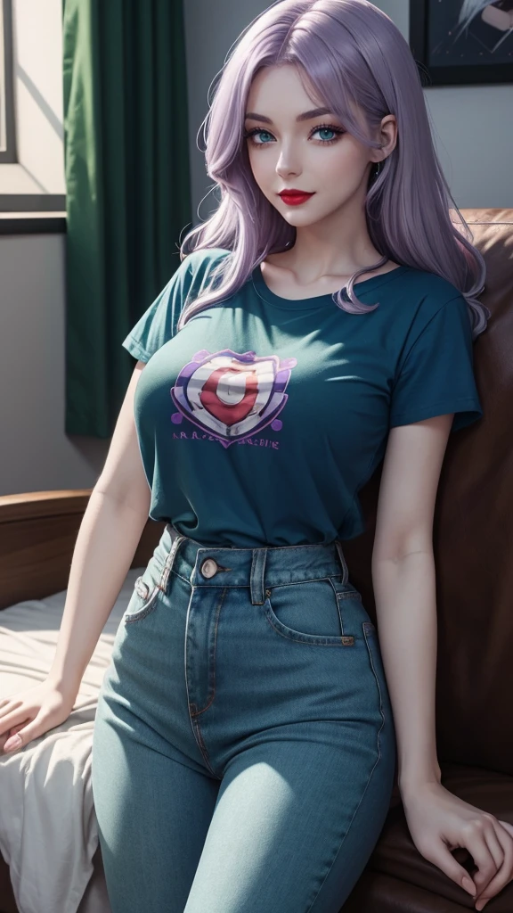 Irish woman, anime, cute, beautiful, high quality, night, 8k, long waist length light pale purple hair, green eyes, red lips, eyelashes, (blue) t shirt, blue jeans, sleeping