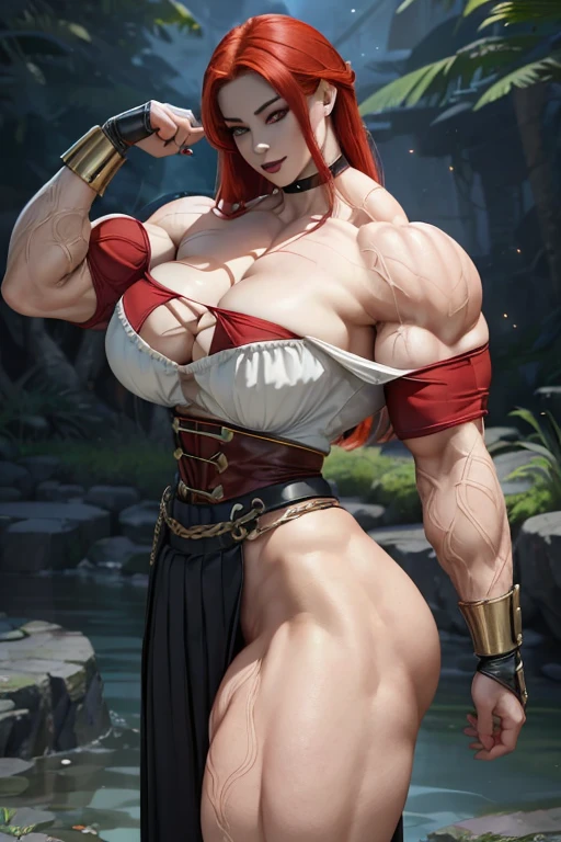 ((((Massive tall, beautiful, buff, pale white skinned muscular asian woman with red hair, black lipstick, ginormous bulky muscles and wearing a red off shoulder blouse with beautiful long pleated skirt)))), (close view), (massive muscles), long hair, ((chained belt)), yellow eyes, choker, ((red off shoulder sweater)), ((beautiful long pleated skirt)), belt, thigh high socks, (gauntlets), black boots, (in a mystical firefly river), closed smile, night, massive muscles