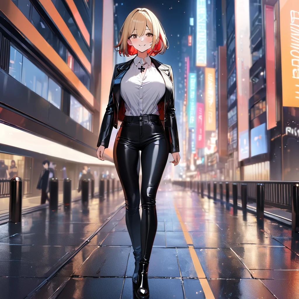 A woman wearing an open black leather jacket, white shirt with iron cross symbol, iron cross necklace around her neck, short hair, blonde hair, red bangs, multicolored hair, brown eyes, smiling, big breasts, black pants, black boots in leather, standing posture, walking on a sidewalk in a big city, background modern building, night place, lighting with colors, orange, blue and red, blurred background..UHD , prime work , accurate , anatomically correct , textured skin , super details , high quality , best quality, 8k, high resolution, bokeh effect. (woman solo)
