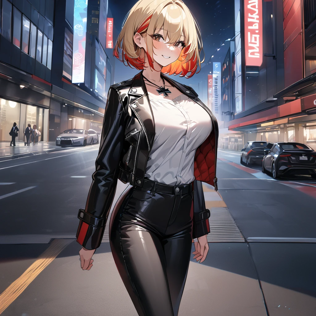 A woman wearing an open black leather jacket, white shirt with iron cross symbol, iron cross necklace around her neck, short hair, blonde hair, red bangs, multicolored hair, brown eyes, smiling, big breasts, black pants, black boots in leather, standing posture, walking on a sidewalk in a big city, background modern building, night place, lighting with colors, orange, blue and red, blurred background..UHD , prime work , accurate , anatomically correct , textured skin , super details , high quality , best quality, 8k, high resolution, bokeh effect. (woman solo)
