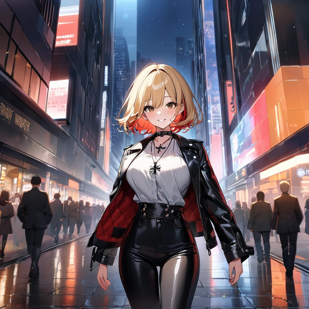 A woman wearing an open black leather jacket, white shirt with iron cross symbol, iron cross necklace around her neck, short hair, blonde hair, red bangs, multicolored hair, brown eyes, smiling, big breasts, black pants, black boots in leather, standing posture, walking on a sidewalk in a big city, background modern building, night place, lighting with colors, orange, blue and red, blurred background..UHD , prime work , accurate , anatomically correct , textured skin , super details , high quality , best quality, 8k, high resolution, bokeh effect. (woman solo)