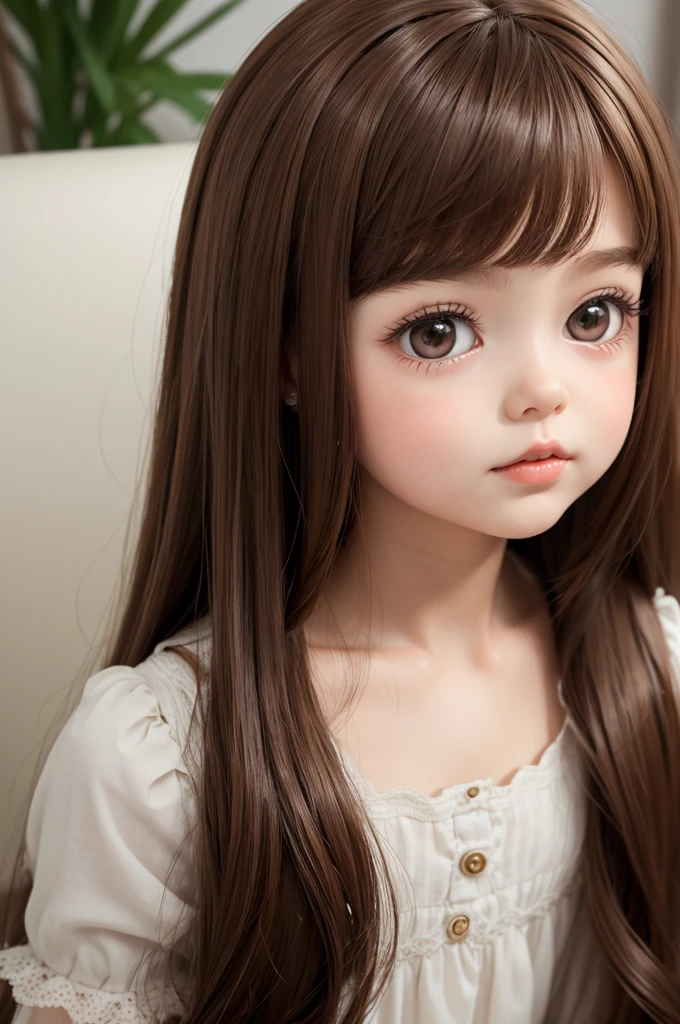 Create a cute doll with straight brown hair