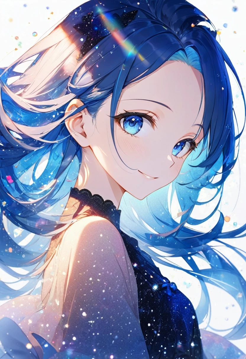 16k, (double exposure:1.05 silhouette: 1.1) (many detailed particles light) (background is exposure:1.1 many:1.4 Particles Colorful Light), wearing layered one piece dress, frontale forehead blue hair long hair lovely blue eyes girl, love smile.