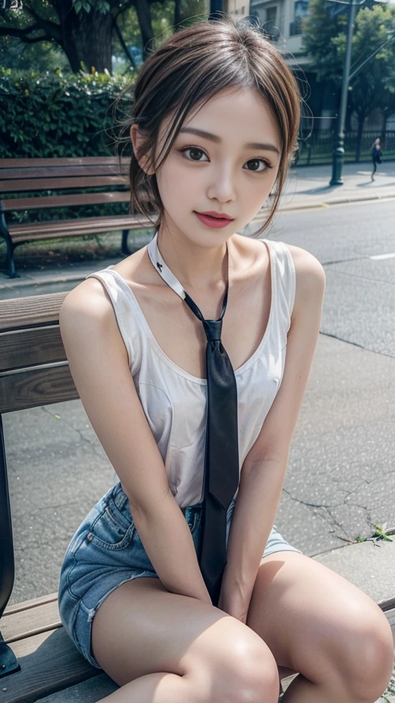 (Beautiful woman sitting cross-legged on a park bench, trouble), (Beautiful face, Baby , tie, Short Hair, Slender body line, Small and slender figure, ((You can see her slim and attractive thighs)), (Detailed eyes and face, Professional photography techniques), (Highest quality, 8K, masterpiece:1.2, RAW Photos)