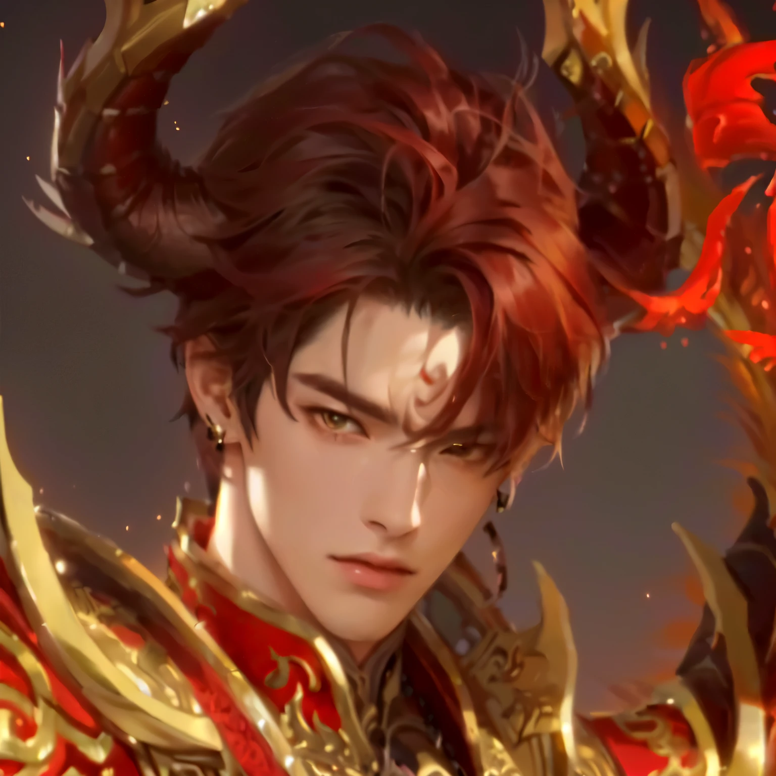 (masterpiece,best quality,ultra_detailed,highres,absurdres:1.2), illustration,doujinshi doujin,faux traditional media,nsfw,(((1boy))),((upper body)),handsome,about 20 years old,fantasy,mature_male,black skin,red hair Golden slit pupils eyes,wind,((dragon_horns)),(Dragon),((jewelry)),dragon_wings,fur jacket,((Tachi-e)),(((white_background))),((solo)),looking_at_viewer