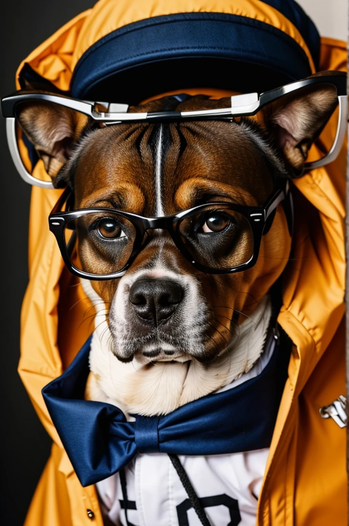 Dog dressed as a rapper with glasses