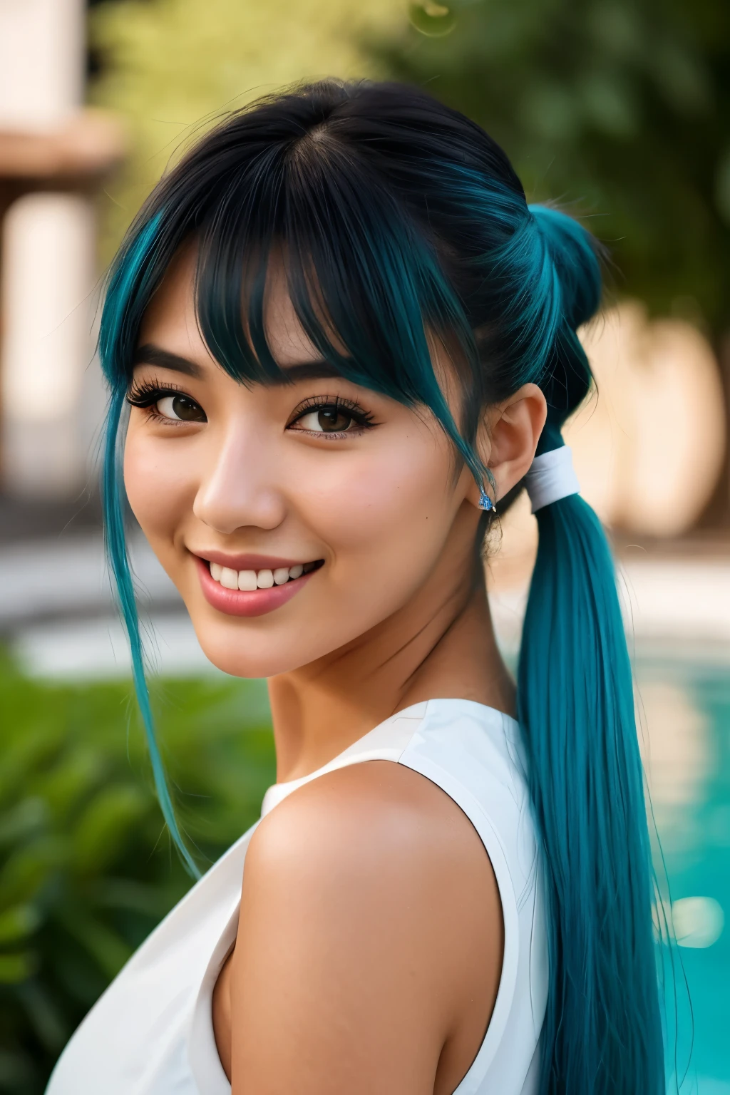 photo of (emikin:0.99), woman as a sexy TikTok influencer, cobalt hair, blue hair , teal hair , twintails, woman with Asian features, 24-year-old (green-eyed woman), She has a small elegant nose with a slight upward curve at the tip. Her lips are full and naturally pink with a well-defined Cupid's bow. Her teeth are straight and white enhancing her captivating smile. Her face has an oval shape with high cheekbones that add to her model-like appearance. full body photo, depth of field, twintails, happy, skin tight black dress, background has a pool and green garden, (extremely detailed CG unity 8k wallpaper), photo of the most beautiful artwork in the world, professional majestic (photography by Steve McCurry), 8k uhd, dslr, soft lighting, high quality, film grain, Fujifilm XT3 sharp focus, f 5.6, High Detail, Sharp focus, dramatic, (looking at viewer:1.2), (closeup:1.0), (detailed pupils:1.3), (natural light), (seductive)