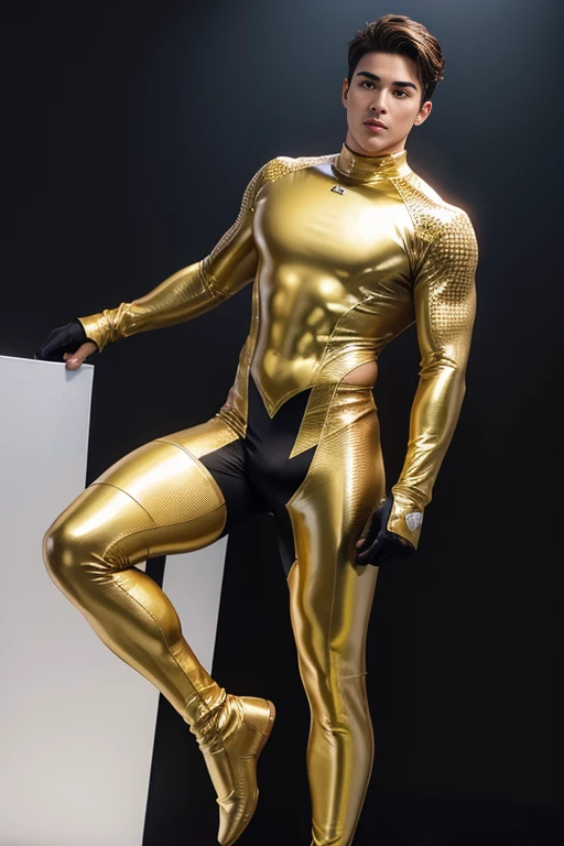 young handsome hunky brown haired muscular metahuman bright white glowing skin,, wearing bronze full body micro honeycomb textured skin tight suit latex spandex .with gloves
