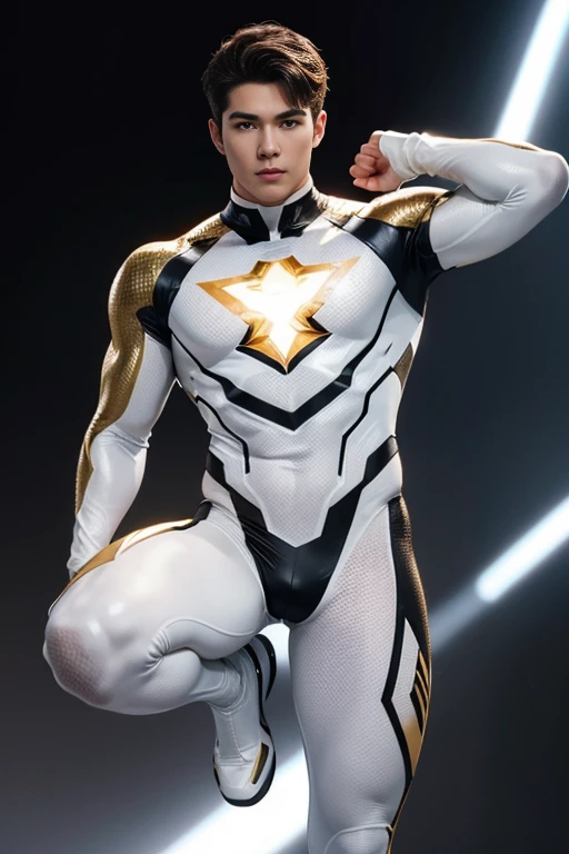 young handsome hunky brown haired muscular metahuman bright white glowing skin,, wearing bronze full body micro honeycomb textured skin tight suit latex spandex .with gloves