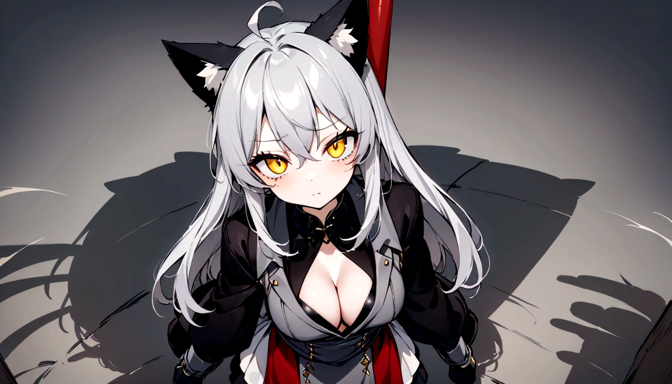 Pitch blackな部屋、Exquisite shadow expression、Pitch black、darkness、Surrounded by enemieasterpiece, best quality:1.2), 1girl, 独奏、Gray cat ears、Point your gun at us、Grey long hair、Ahoge、Yellow Eyes、Gray cat ears、Background of military bases、Fisheye Lens、battlefield、Shadows of light and darkness、Expressionless、Grim face、battle、Black knee socks、Cleavage、