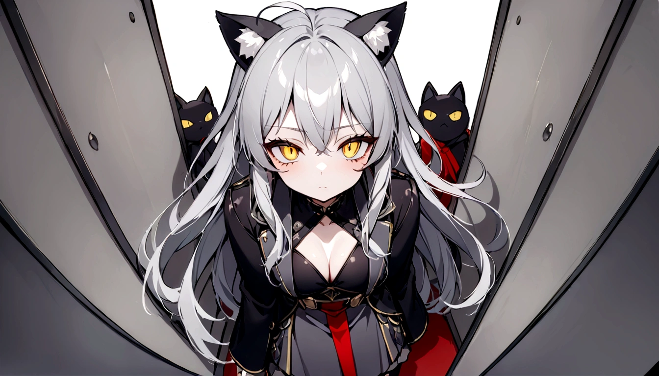 20 years old、Pitch blackな部屋、Exquisite shadow expression、Pitch black、darkness、Surrounded by enemieasterpiece, best quality:1.2), 1girl, 独奏、Gray cat ears、Point your gun at us、Grey long hair、Ahoge、Yellow Eyes、Gray cat ears、Background of military bases、Fisheye Lens、battlefield、Shadows of light and darkness、Expressionless、Grim face、battle、Black knee socks、Cleavage、