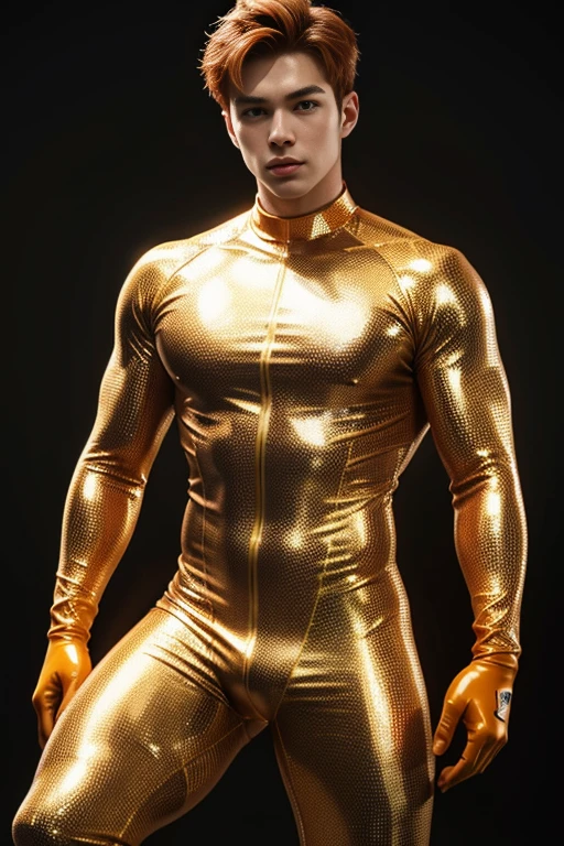  young handsome hunky orange haired muscular metahuman  bright white glowing skin,, wearing copper full body micro honeycomb textured skin tight suit latex spandex .with gloves 