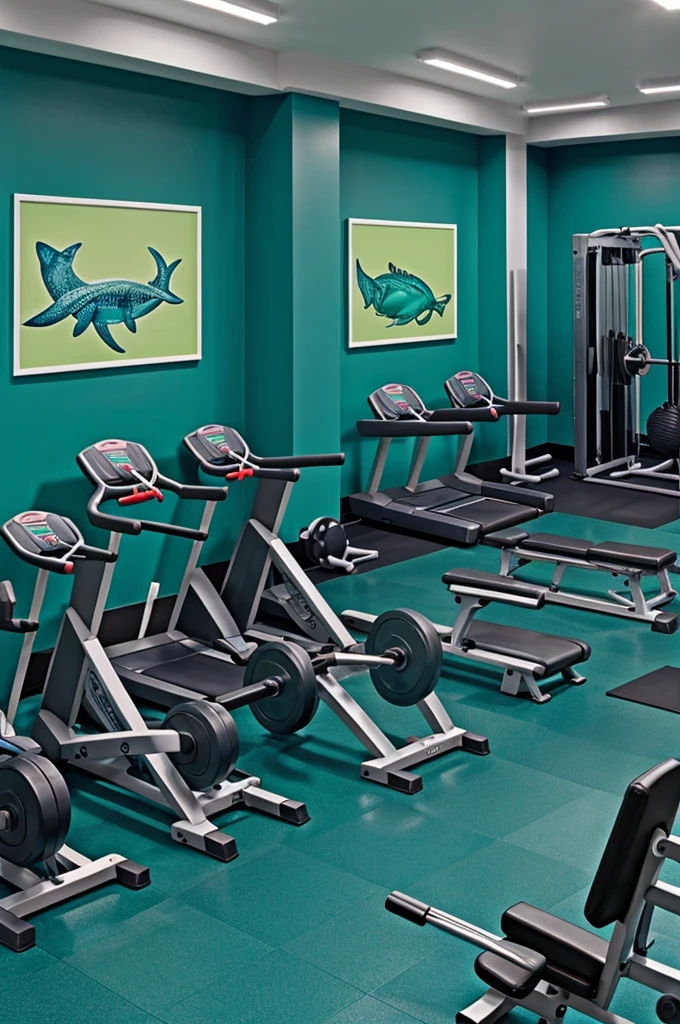 Design a gym with its machines and weights in green colors, blue , Lila, and the walls with ocean animal themes